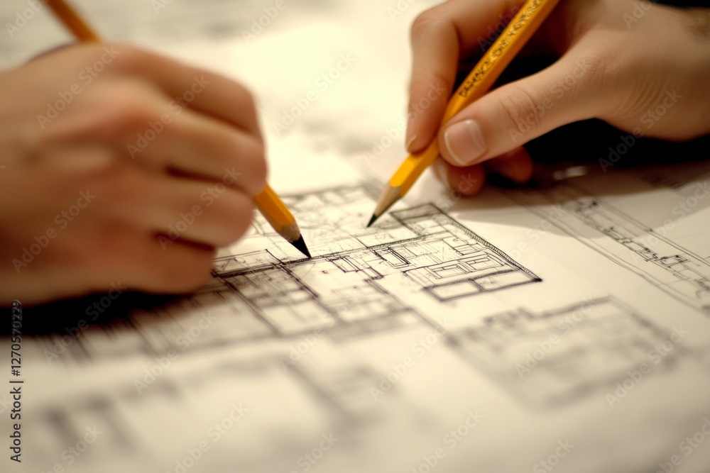 Hands reviewing house blueprints in office Hands reviewing house blueprints in office