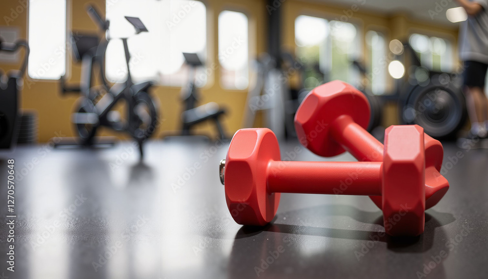 Fototapeta premium Red dumbbells positioned on sleek gym floor, fitness motivation