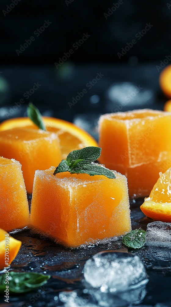 Orange ice cubes with orange Orange ice cubes with orange