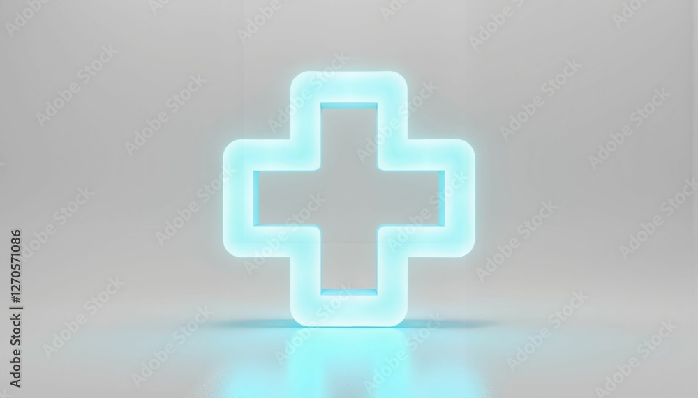 Minimalist neon blue medical cross symbol glowing above white surface, health awareness Minimalist neon blue medical cross symbol glowing above white surface, health awareness