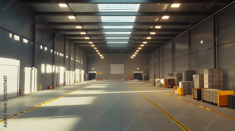 Large clean warehouse with bright lighting and organized storage racks. Large clean warehouse with bright lighting and organized storage racks.