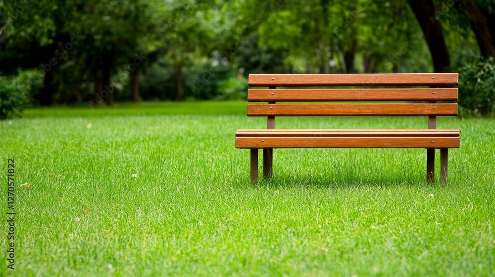 A solitary wooden bench in a lush green park surrounded by trees and soft grass A solitary wooden bench in a lush green park surrounded by trees and soft grass