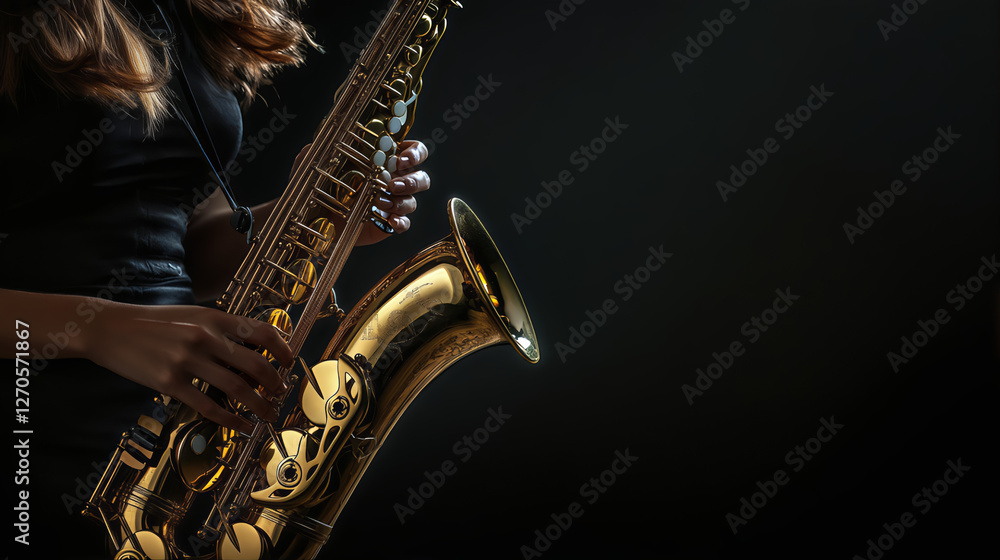 Fototapeta premium Young man playing saxophone. Saxophone in the hands in a concert. Person playing saxophone musical instrument on stage.