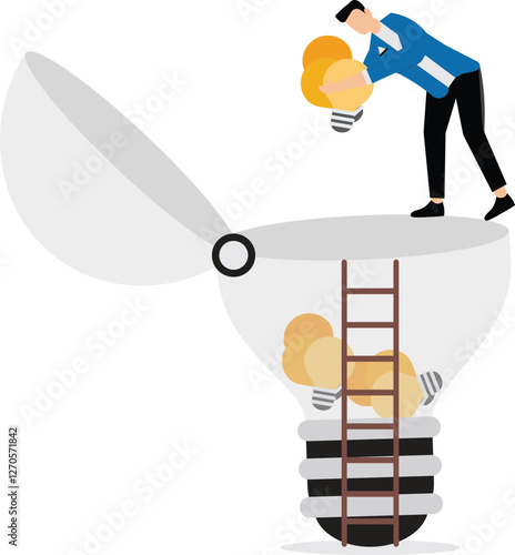 A businessman carries many idea lamps to put into bulb. Illustration for creating new ideas, creation and problem solving
