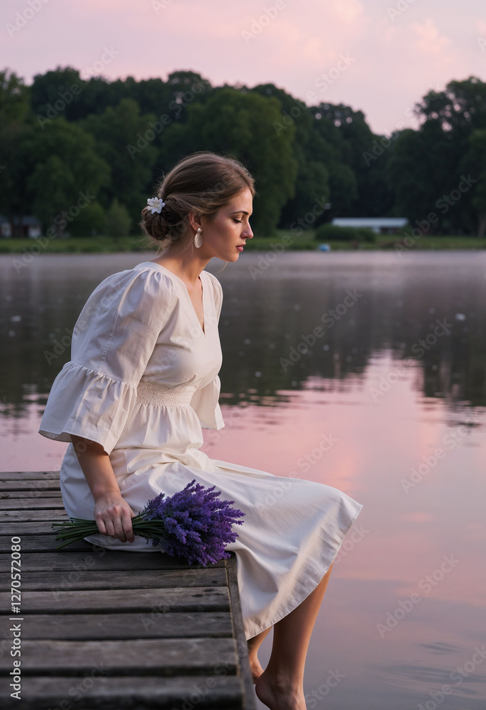 Bride sitting by the lake at sunset, holding a lavender bouquet in a serene atmosphere Bride sitting by the lake at sunset, holding a lavender bouquet in a serene atmosphere