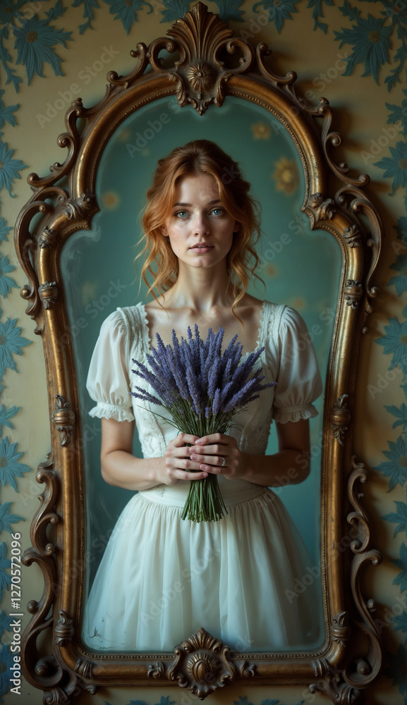 Bride holding a lavender bouquet reflected in a vintage ornate mirror Bride holding a lavender bouquet reflected in a vintage ornate mirror