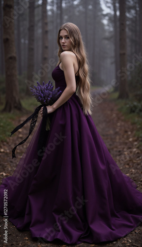 Bride in a flowing purple gown holding a lavender bouquet in a misty forest