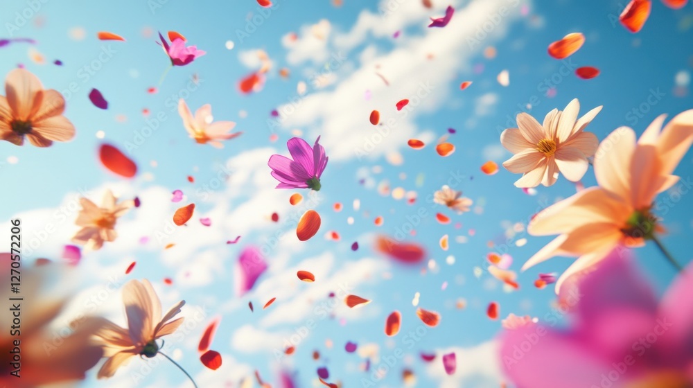 A flurry of colorful flower petals floating in a gentle spring breeze. A flurry of colorful flower petals floating in a gentle spring breeze.