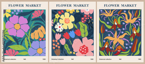 Set of abstract flower market posters. Trendy botanical wall arts with floral design in vivid bright colors. Modern naive groovy funky interior decorations, paintings. Vector art illustration.