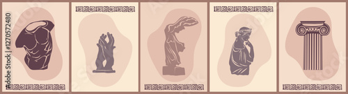 Various Antique statues. Heads of woman, male torso, Nika, hands, amphora. Mythical, ancient greek style. Classic statues in modern style. Hand drawn Vector illustrations for cards, print, wall art.
