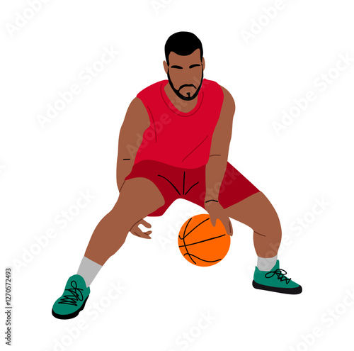 Black Male basketball player running, dribbling orange ball with hand. African american athletic man playing professional sport game. Vector cartoon illustration isolated