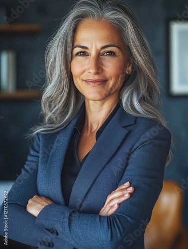 Free Download Smiling businesswoman in professional suit, hands on hips, exuding confidence and success. - GFXLoad
