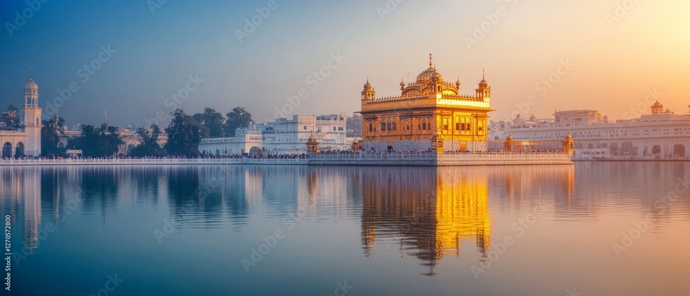 Naklejka premium Golden Temple In Amritsar India Reflecting In Holy Lake At Sunrise. A Serene, Spiritual Landmark.