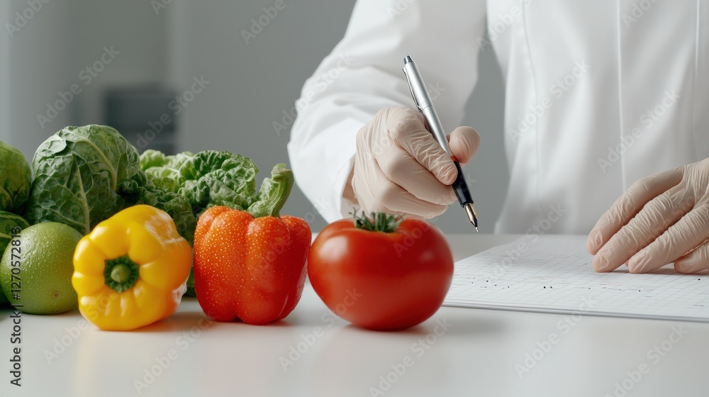 Fresh vegetables on a table with a person writing notes. Fresh vegetables on a table with a person writing notes.