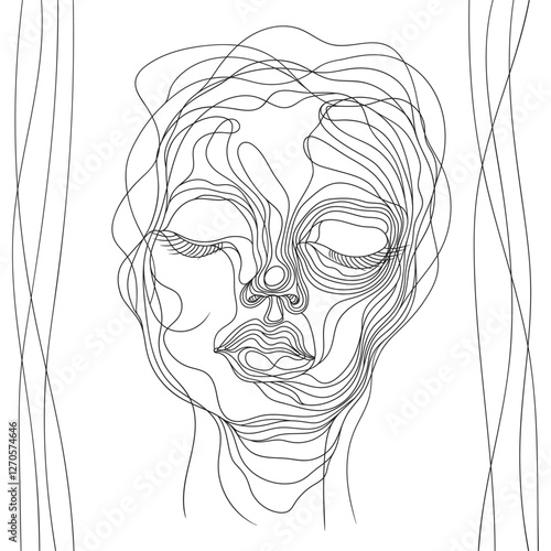Portrait of a fashionable young beautiful girl with. Vector linear drawing. Black and white female portrait.