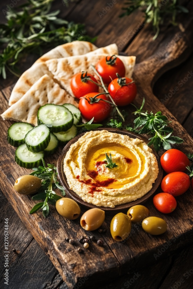 Dip, vegetables and pita bread on wooden board. Dip, vegetables and pita bread on wooden board.