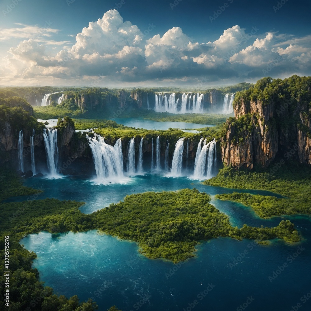 A breathtaking celestial landscape with floating islands and waterfalls suspended in the sky. A breathtaking celestial landscape with floating islands and waterfalls suspended in the sky.