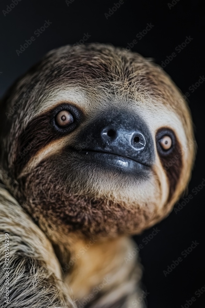 Fototapeta premium A sloth with a broad smile, showing teeth and creating a close-up image with soft focus on the face.