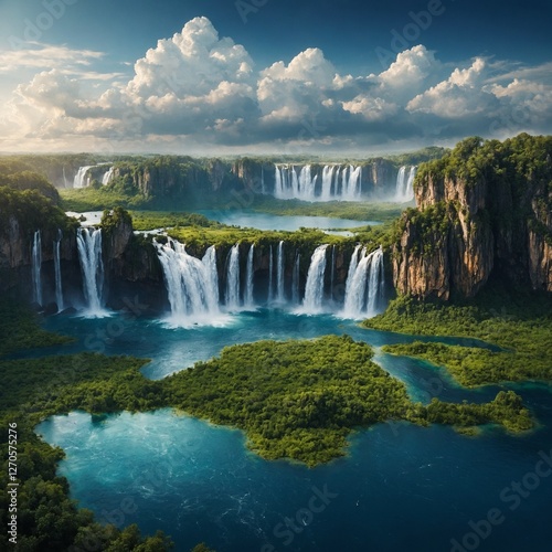 A breathtaking celestial landscape with floating islands and waterfalls suspended in the sky.