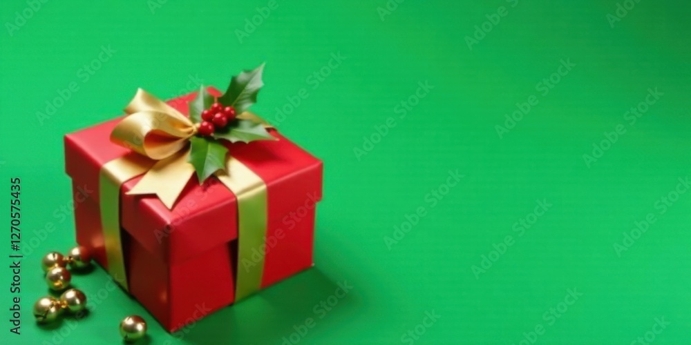 Obraz premium A Festive Red Gift Box with Gold Ribbon and Holly on Green Background