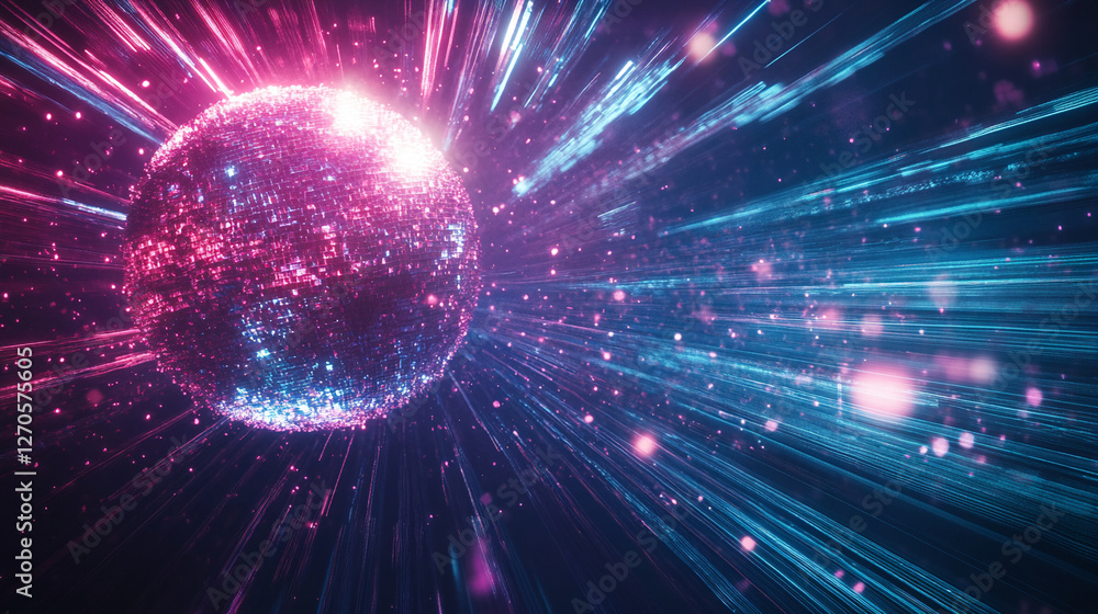 Naklejka premium Retro illuminated disco ball emitting light beams in a dance club