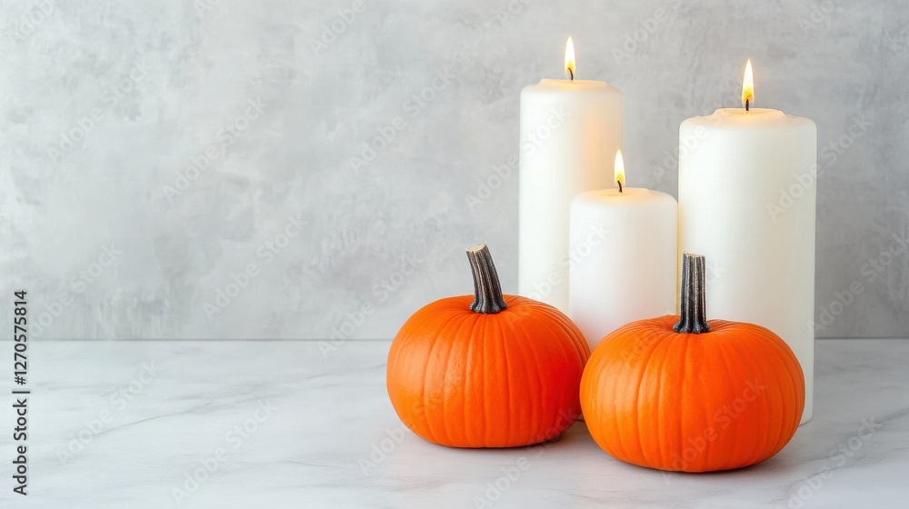 A serene autumn scene featuring two vibrant orange pumpkins beside three lit white candles against a soft gray background. A serene autumn scene featuring two vibrant orange pumpkins beside three lit white candles against a soft gray background.