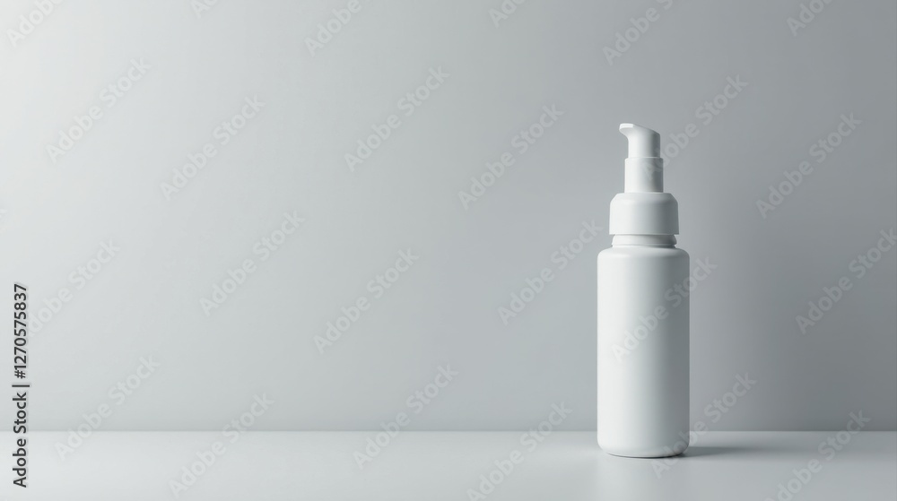 A pristine white pump bottle, minimalist design, sits on a clean surface against a neutral backdrop, ideal for showcasing product branding and design aesthetics A pristine white pump bottle, minimalist design, sits on a clean surface against a neutral backdrop, ideal for showcasing product branding and design aesthetics