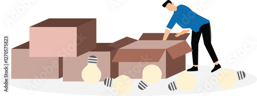 A businessman opens a cardboard box looking for new ideas and many bulbs scattered around. Illustration for creating new ideas, creation and problem solving