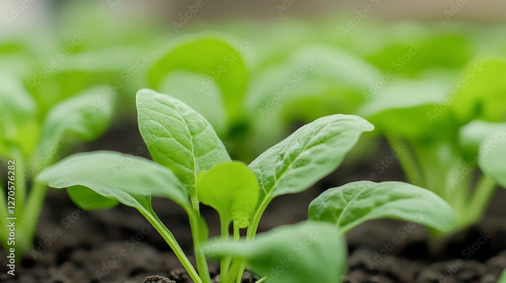 Close-up of vibrant green seedlings growing in rich soil, showcasing healthy plant development
