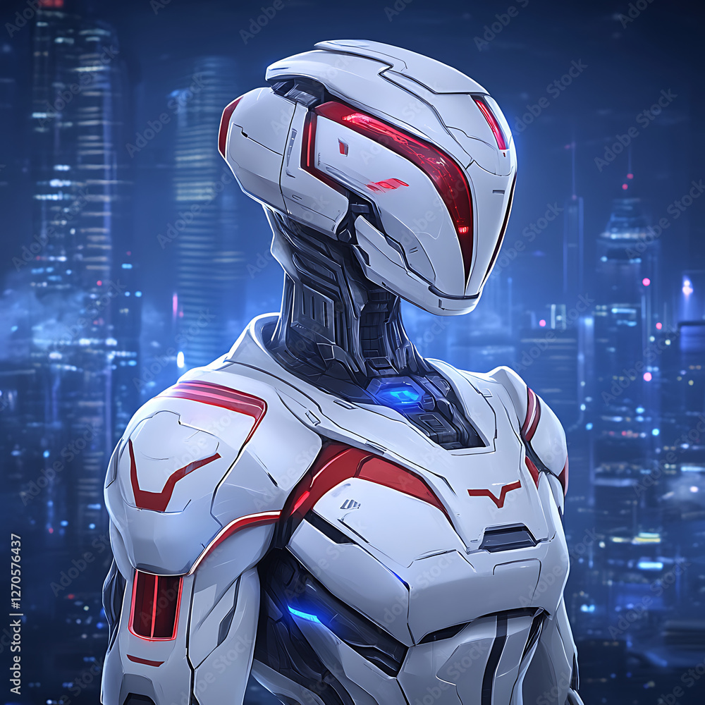 Cybernetic Guardian in a Futuristic Cityscape A White Armored Android with Red Highlights and Blue Node Cybernetic Guardian in a Futuristic Cityscape A White Armored Android with Red Highlights and Blue Node