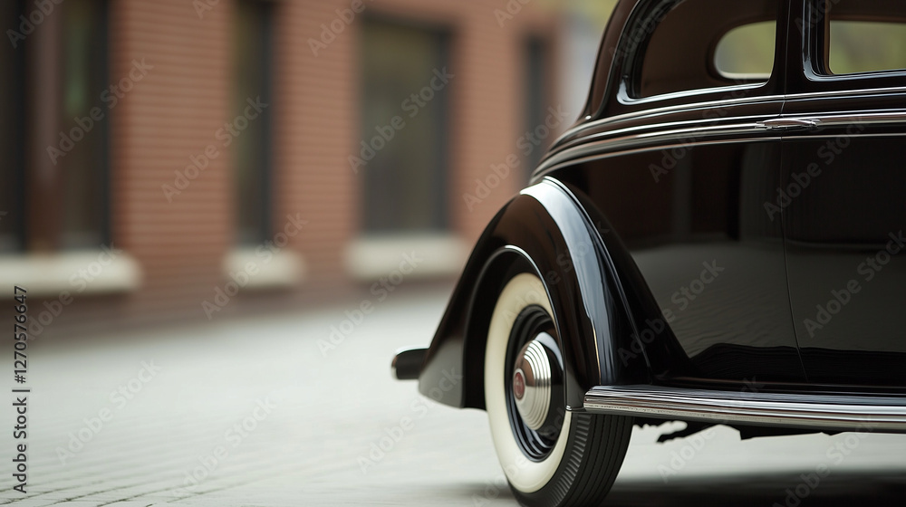 Fototapeta premium Classic Ride on City Street: A gleaming black vintage car, a symbol of timeless elegance, parked gracefully on a brick-lined city street, evoking nostalgia and style.