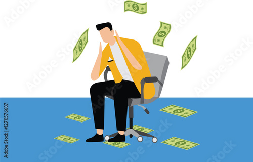 A businessman sits looking up and dollar bills are scattered. Illustration of overspending, big spending, too much shopping