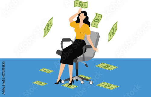 A businesswoman sits looking up and dollar bills are scattered. Illustration of overspending, big spending, too much shopping