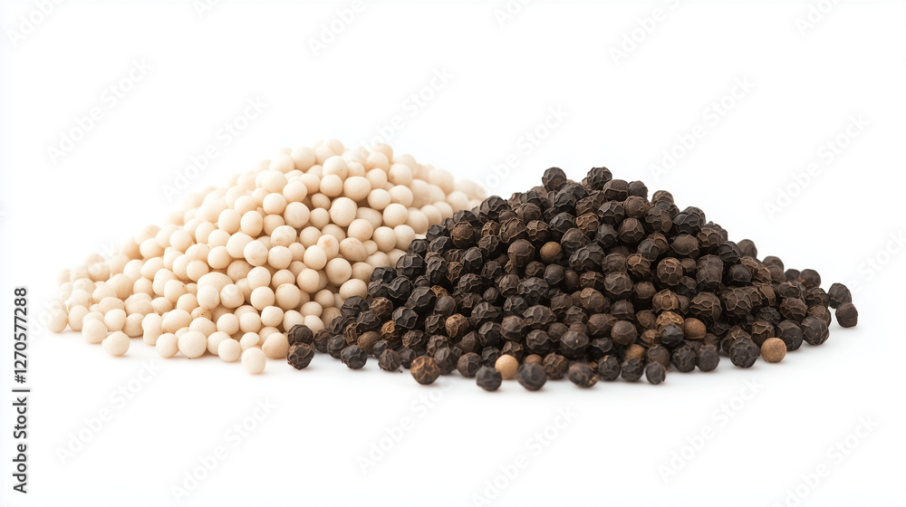 Spice Harmony: A captivating overhead shot displays a contrast of culinary essentials. Two separate piles, one a creamy white and the other a rich black. Spice Harmony: A captivating overhead shot displays a contrast of culinary essentials. Two separate piles, one a creamy white and the other a rich black.