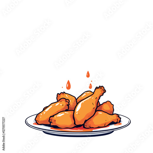 Delicious crispy chicken wings covered in spicy sauce on plate