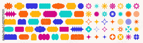Minimal brutalist shape stickers. Vector geometric star shaped icons. Circles and rectangles with wavy zigzag edges. Abstract minimalist flowers and stars. Retro groovy sun burst frames