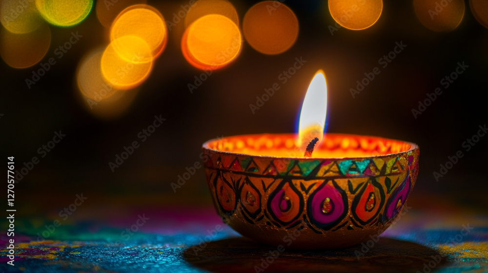 Colorful diya with flame illuminating the surroundings during festival celebration Colorful diya with flame illuminating the surroundings during festival celebration