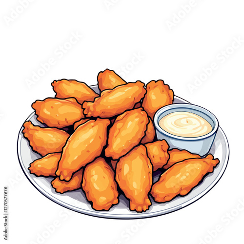 Delicious crispy chicken wings with dipping sauce on white plate