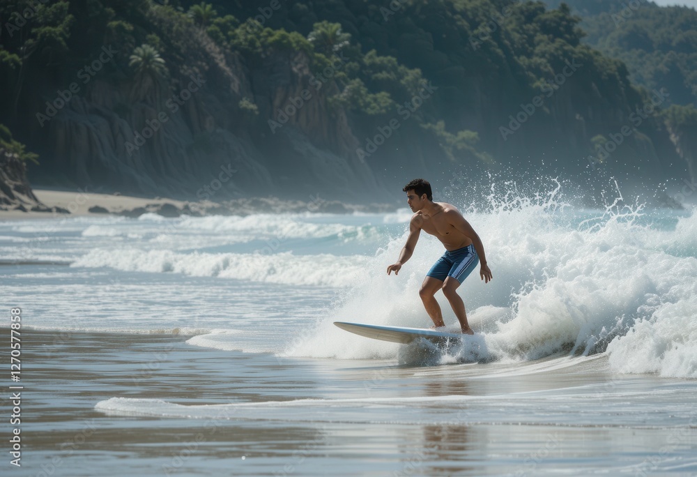 Surfer catches waves at a tropical beach on a sunny day Surfer catches waves at a tropical beach on a sunny day