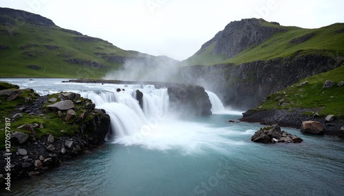 Misty Waterfall Cascading into Teal Pool, Lush Green Cliffs, Serene Landscape