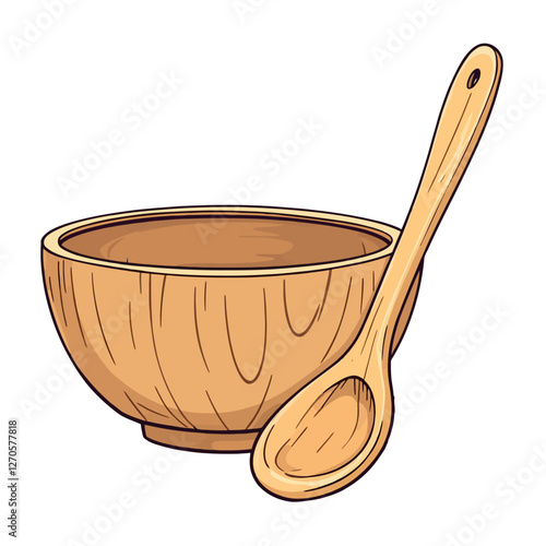 Empty wooden bowl with spoon lying on its side