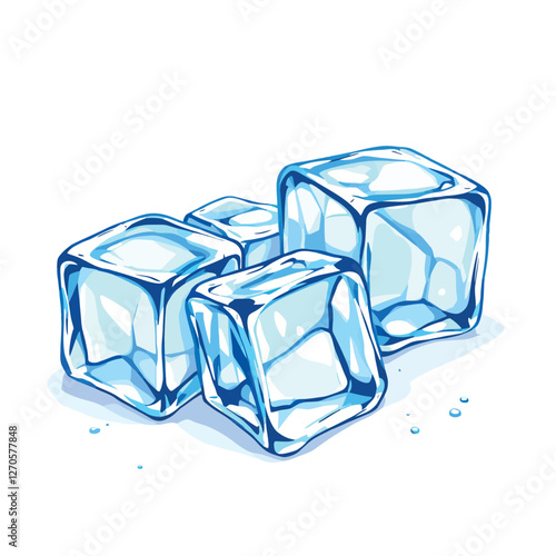 Melting ice cubes creating refreshing coldness on white background