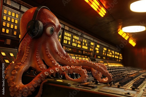 An octopus DJ in a futuristic control room. AI. photo