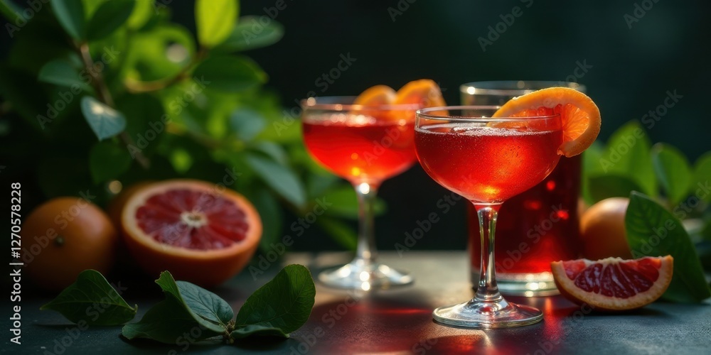 Refreshing Citrus Cocktails Garnished with Slices of Ripe Fruit, Served in Elegant Glassware on a Dark Surface, Surrounded by Lush Green Foliage Refreshing Citrus Cocktails Garnished with Slices of Ripe Fruit, Served in Elegant Glassware on a Dark Surface, Surrounded by Lush Green Foliage