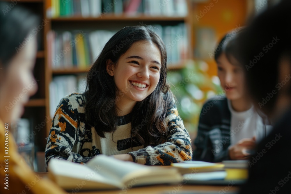 Friendly gathering, reading, books, study, joyful smile, indoor setting Friendly gathering, reading, books, study, joyful smile, indoor setting