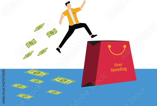 A businessman jumps over a large shopping bag and money scatters behind him. Illustration of overspending, big spending, too much shopping