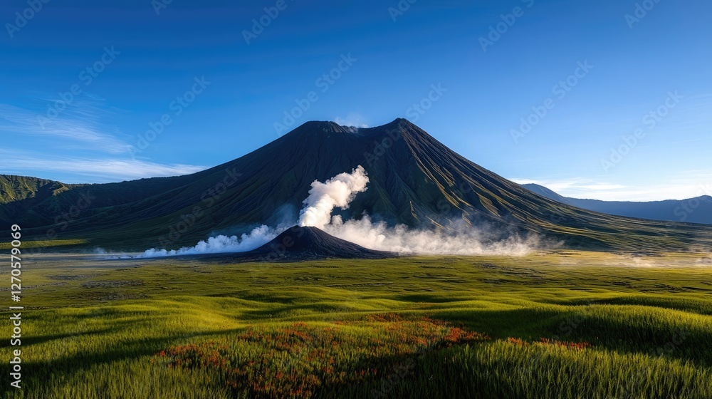 Volcanic landscapes idea. A stunning view of a volcanic mountain surrounded by lush greenery and blue skies. Volcanic landscapes idea. A stunning view of a volcanic mountain surrounded by lush greenery and blue skies.