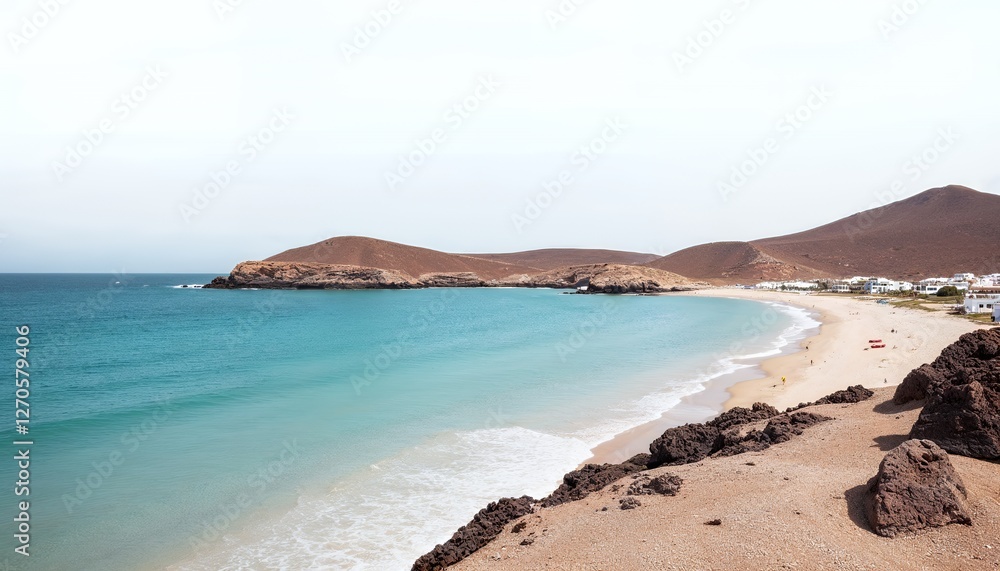 Serene Panoramic View of Secluded Beach with Turquoise Water and Tan Hills Serene Panoramic View of Secluded Beach with Turquoise Water and Tan Hills