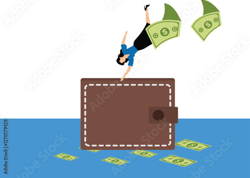 A businesswoman jumps over a large shopping bag and money scatters behind him. Illustration of overspending, big spending, too much shopping