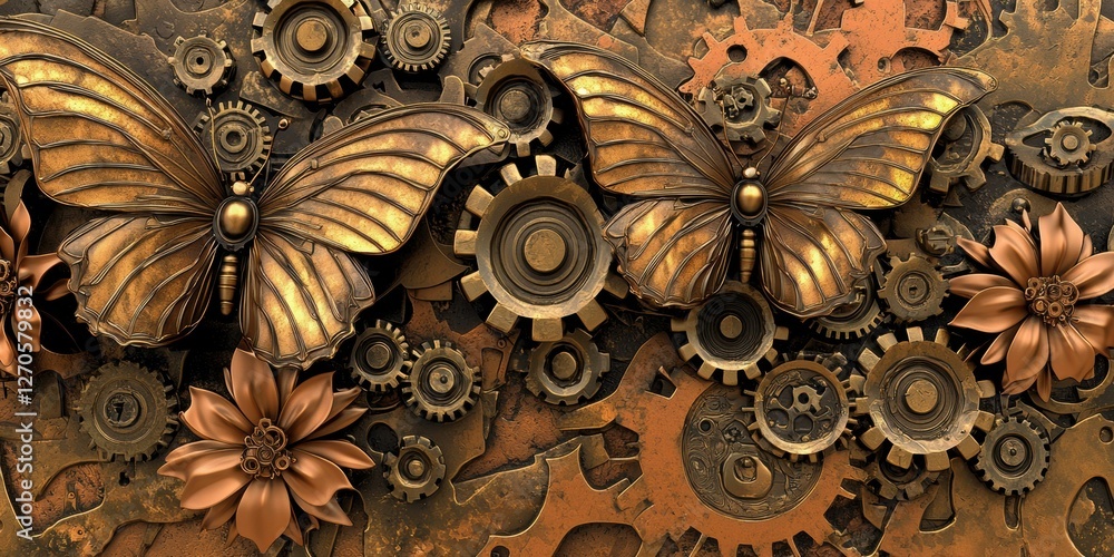Gears, butterflies, and flowers. AI. Gears, butterflies, and flowers. AI.